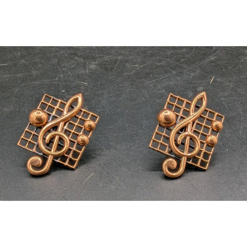 Vintage Renoir MCM Copper G Clef Musical Notes Screw Back Earrings